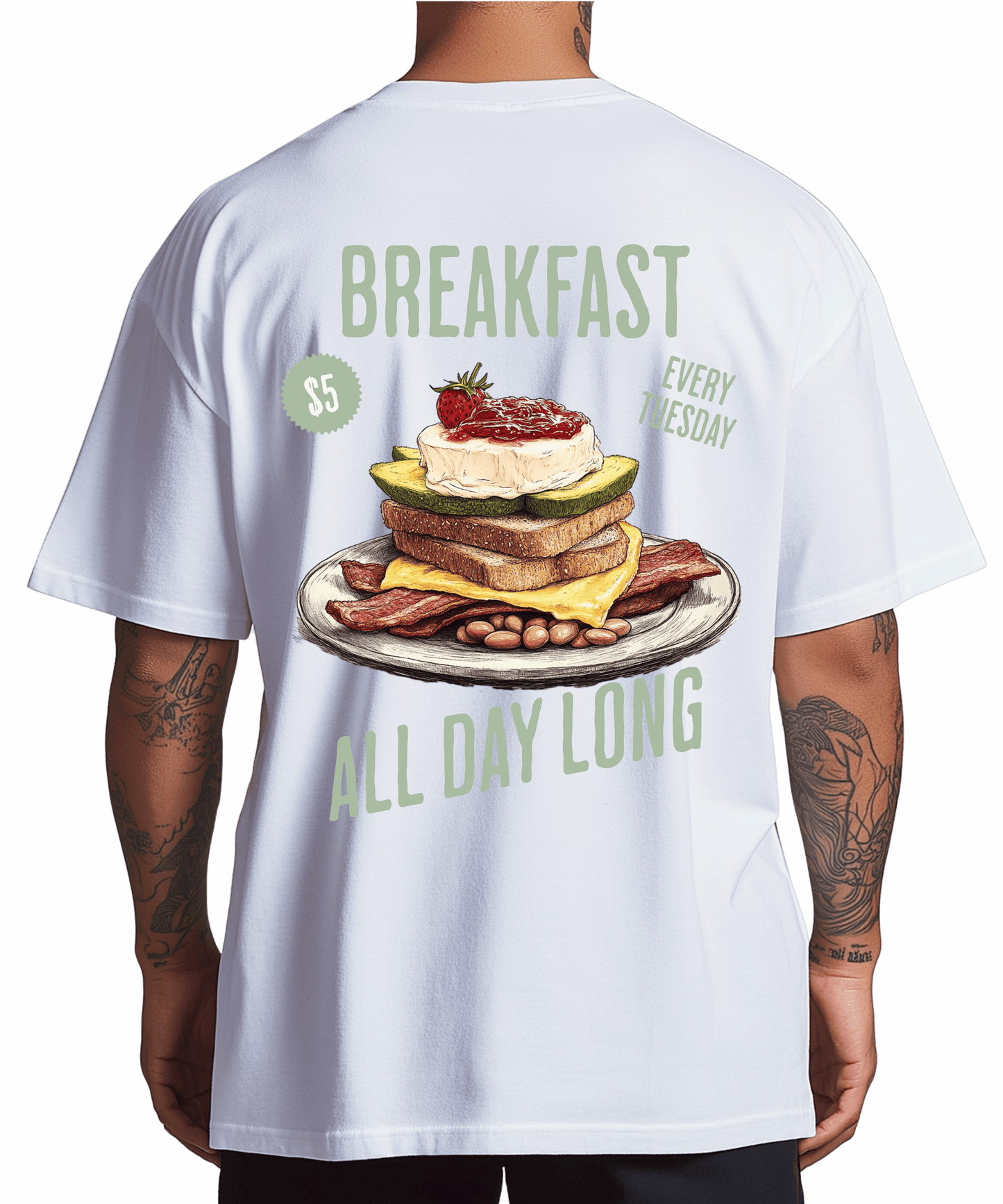 VACANCY Urban Tag Oversized T-Shirt – "Breakfast - All Day Long"Shirt
